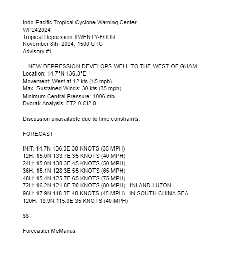 IPTCWC's tweet photo. Tropical Depression #WP24 Advisory #1: New depression forms well to the West of Guam. Max winds are at 30 knots (35 mph). C1 landfall forecast in Luzon next week, could get stronger. Discussion unavailable due to time constraints. Click below for more info. Next advisory: 09/15z https://t.co/cMVUtWAW0X