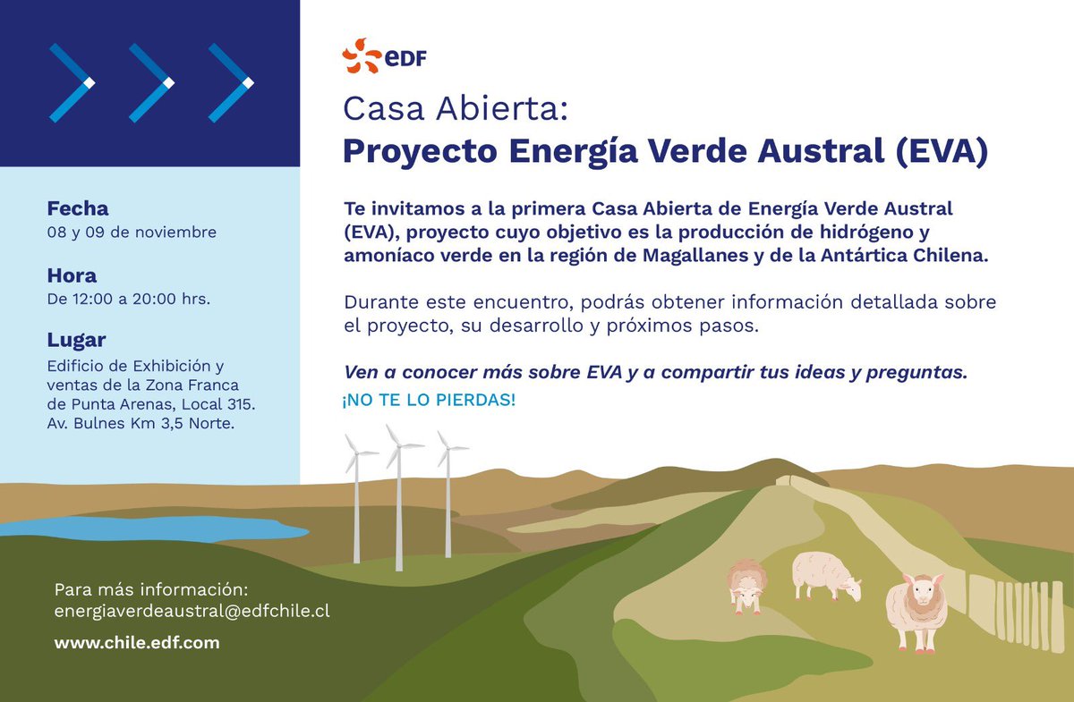 ¡Ya abrimos! Invitamos a todos los vecinos de la Región de Magallanes a nuestra #CasaAbierta del proyecto Energía Verde Austral #EVA, este viernes 8 y sábado 9 en la Zona Franca de Punta Arenas.

📍 Edificio de Exhibición y Ventas (Zona Franca, local 315)
⏰ De 12:00 a 20:00 hrs