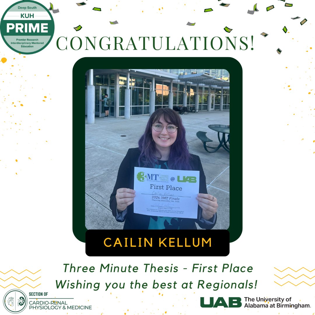 🎉 Huge congratulations to Cailin Kellum on winning the Three Minute Thesis (3MT) Finals! 🎉 

Best of luck to Cailin as she heads to Regionals! We’re cheering you on and can’t wait to see what you accomplish. ✨

#kuhprime #research #3MT #womeninstem #KUHmmunity