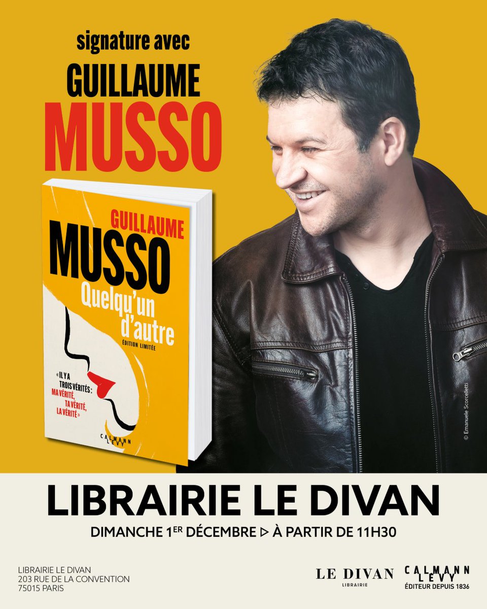 EditionsCalmann-Lévy (@calmann_levy) on Twitter photo ⭐ <a href="/Guillaume_Musso/">Guillaume Musso</a> sera présent au <a href="/divanlibrairie/">librairie Le Divan</a> dimanche 1er décembre, à l'occasion de la parution de l'édition collector de "Quelqu'un d'autre" ! ✍️
#GuillaumeMusso #Quelquundautre #EditionCollector #CalmannLevy ⭐ <a href="/Guillaume_Musso/">Guillaume Musso</a> sera présent au <a href="/divanlibrairie/">librairie Le Divan</a> dimanche 1er décembre, à l'occasion de la parution de l'édition collector de "Quelqu'un d'autre" ! ✍️
#GuillaumeMusso #Quelquundautre #EditionCollector #CalmannLevy