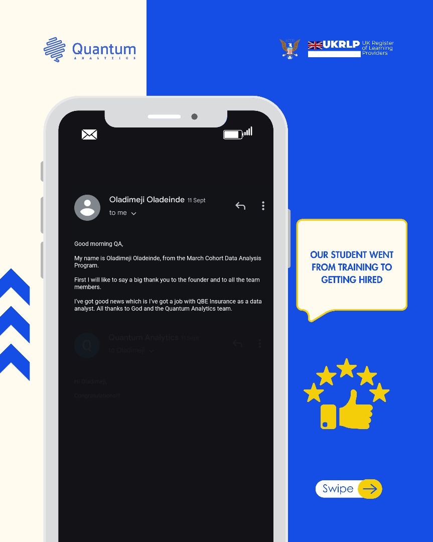 quantumanalyst's tweet image. @quantumanalyst, we pride ourselves on empowering our students with industry-ready skills.
Here's proof that the journey with us opens doors to new career heights.
Congratulations Oladimeji. Cheers to more wins🎉🎉
Ready to start your own success story?
Join Quantum…