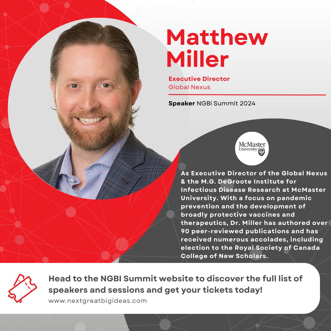 NGBideas 🇨🇦 (@ngbideas) on Twitter photo Meet Dr. Matthew Miller, Executive Director at <a href="/McMasterU/">McMaster University</a> ’s Global Nexus & <a href="/McMasterIIDR/">McMaster IIDR</a> , focused on pandemic prevention and groundbreaking vaccines. He will be moderating the Biomanufacturing panel at #NGBi2024 on November 12th at the Hamilton Convention Center.
Head to Meet Dr. Matthew Miller, Executive Director at <a href="/McMasterU/">McMaster University</a> ’s Global Nexus & <a href="/McMasterIIDR/">McMaster IIDR</a> , focused on pandemic prevention and groundbreaking vaccines. He will be moderating the Biomanufacturing panel at #NGBi2024 on November 12th at the Hamilton Convention Center.
Head to