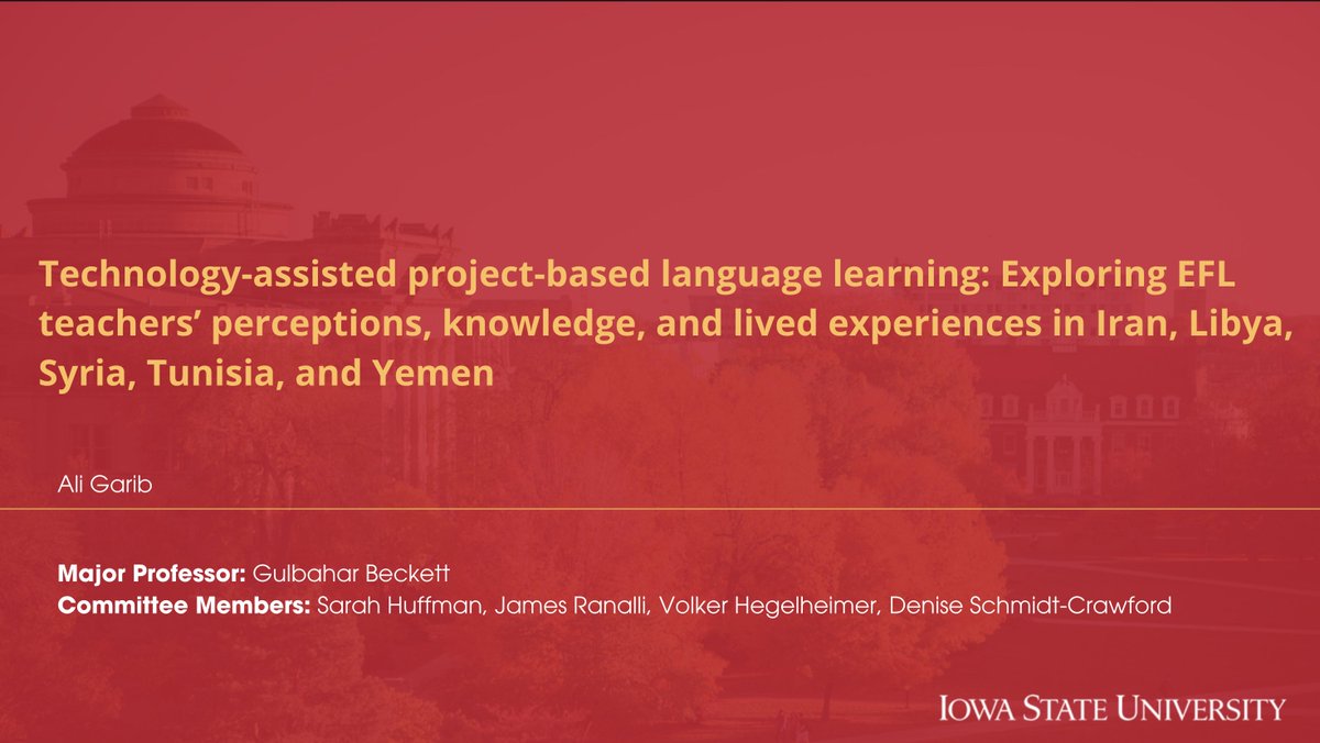 apling_iastate's tweet photo. 🎉 Congrats to Dr. Ali Garib! 🎓

We’re thrilled to announce that Ali Garib has successfully defended his dissertation: Technology-assisted project-based language learning: Exploring EFL teachers’ perceptions, knowledge, and experiences in Iran, Libya, Syria, Tunisia, and Yemen. https://t.co/bf1K9KEFXM