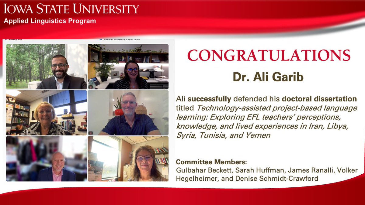 apling_iastate's tweet photo. 🎉 Congrats to Dr. Ali Garib! 🎓

We’re thrilled to announce that Ali Garib has successfully defended his dissertation: Technology-assisted project-based language learning: Exploring EFL teachers’ perceptions, knowledge, and experiences in Iran, Libya, Syria, Tunisia, and Yemen. https://t.co/bf1K9KEFXM