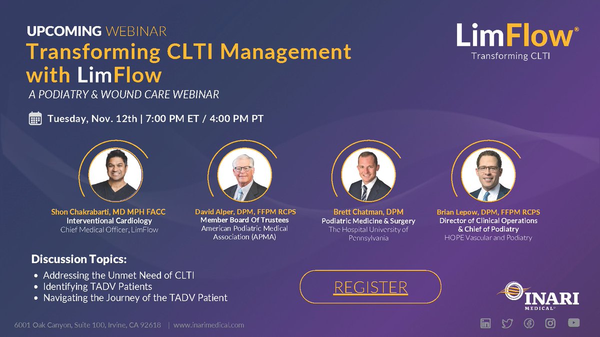 Reminder: Join us TODAY for Transforming CLTI Management! This session will cover key topics like addressing the unmet needs of CLTI and identifying and navigating the journey of the TADV patient.

Register here: bit.ly/3YSXOPy

#LimFlow #CLTI #TADV #MedicalInnovation