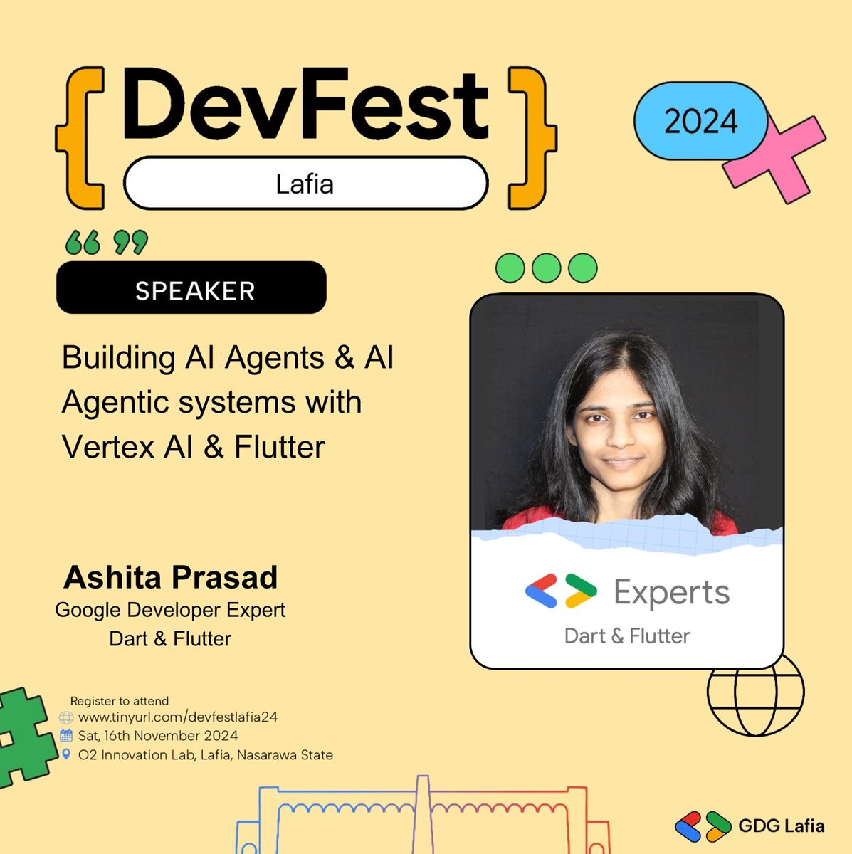 gdglafia's tweet image. 🌟 Meet the Speaker! 🌟

Join us for #DevFestLafia as we welcome @ashitaprasad, who will talk to us about Building AI Agents &amp;amp; AI Agentic Systems with Vertex AI &amp;amp; Flutter on November 16th, 2024.
Don’t miss out on this incredible opportunity to learn from an expert in the field!