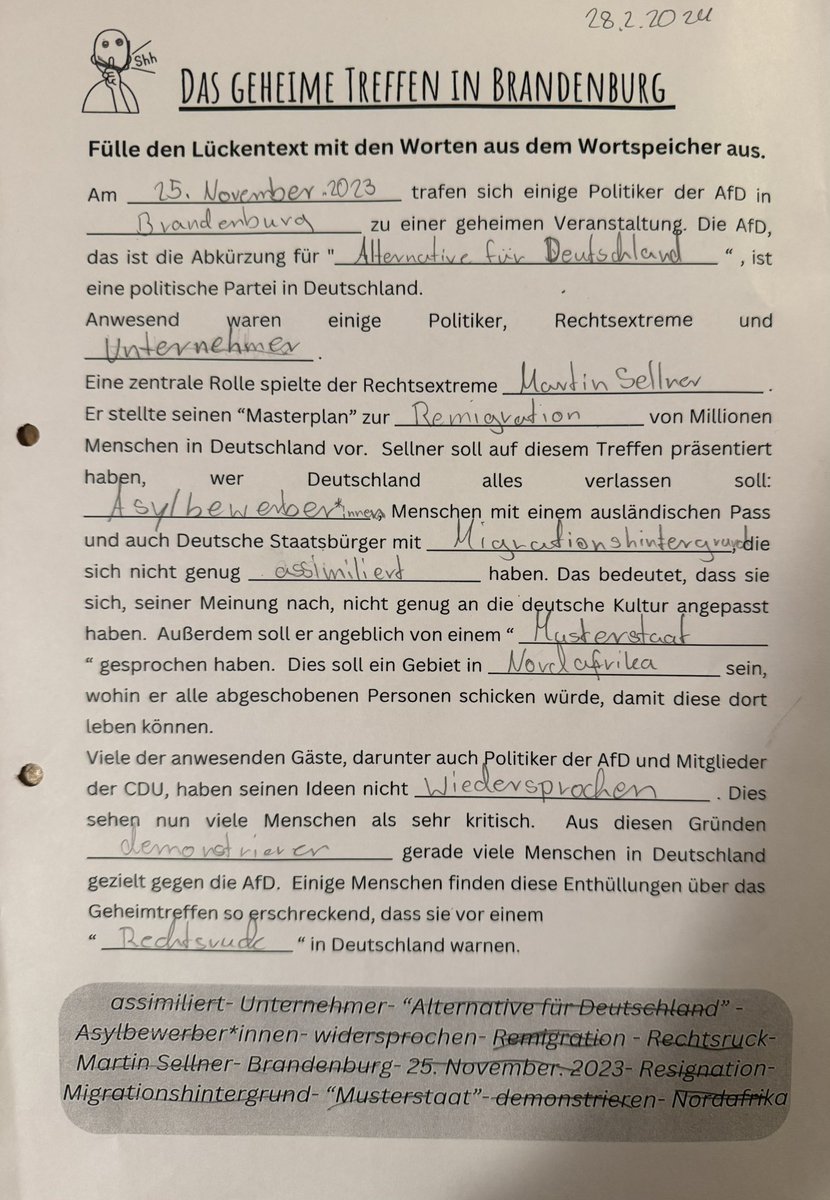 Das musste meine Tochter in der Schule bearbeiten, als die anderen auf der Schülerdemo gegen Rechts in Berlin waren. 

Gestern wurden Juden verfolgt. 

Von wem???