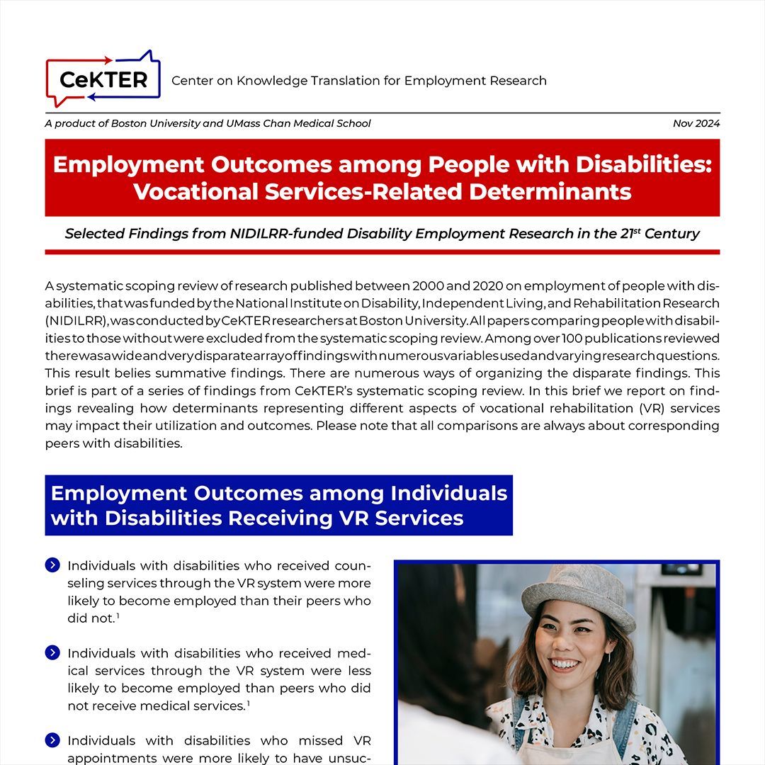 📢 New Brief! Discover how vocational rehabilitation services impact employment outcomes for people with disabilities, based on a comprehensive review by CeKTER Researchers at <a href="/BU_Tweets/">Boston University</a>.

Read it here: buff.ly/48AfKBO 

#DisabilityInclusion #VocRehab #Research