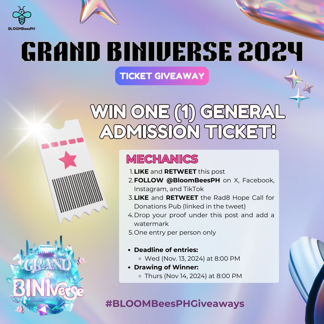 🌟 Ready to BLOOM at the Grand BINIverse? Seize your chance NOW! 🌟

Don’t let this chance slip by! Enter for a chance to win—this is your moment to shine!

WIN 1 GEN AD TICKET by following the mechanics below! 🎫

🔗:x.com/BloomBeesPH/st…

#BINI <a href="/BINI_ph/">BINI_PH</a> #GrandBINIverse