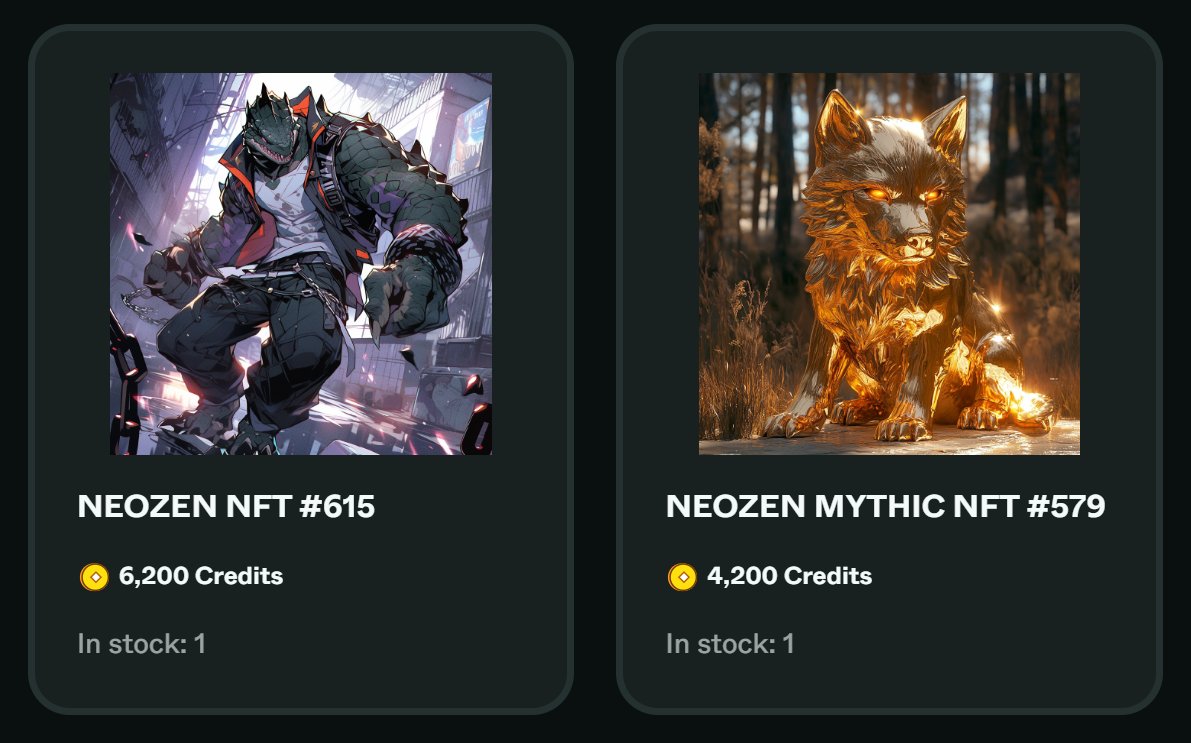 NEO REWARDS | NEW STORE ITEMS 🚨

NEOZEN #615
▫️ 6,200 $CREDITS
MYTHIC CANINE #579
▫️ 4,200 $CREDITS

Check them out in-store via: sesamelabs.xyz/neozen/?tab=st…