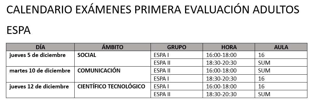 Exámenes enseñanzas adultos 1ª evaluación 2024