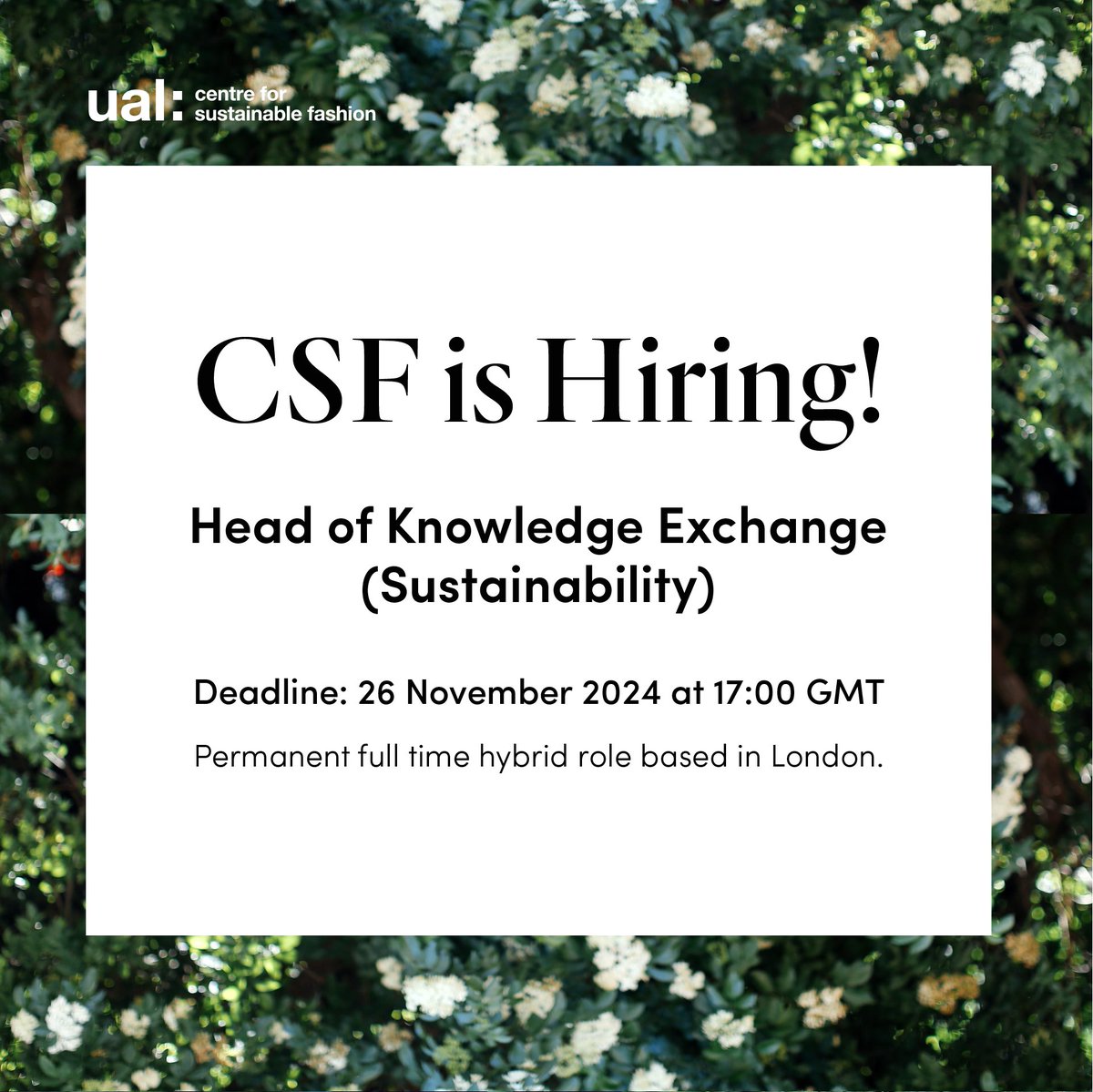 Centre for Sustainable Fashion (CSF) (@sustfash) on Twitter photo Centre for Sustainable Fashion (CSF) is Hiring -
Head of Knowledge Exchange (Sustainability)
⏱️ Deadline: 26 November 2024 at 17:00 GMT
🔜 Learn more about the role & apply now: jobs.arts.ac.uk/job/11361-head…
<a href="/LCFLondon/">London College of Fashion</a> <a href="/UAL/">University of the Arts London</a> #SustainableFashion #SustainabilityJobs #FashionJobs Centre for Sustainable Fashion (CSF) is Hiring -
Head of Knowledge Exchange (Sustainability)
⏱️ Deadline: 26 November 2024 at 17:00 GMT
🔜 Learn more about the role & apply now: jobs.arts.ac.uk/job/11361-head…
<a href="/LCFLondon/">London College of Fashion</a> <a href="/UAL/">University of the Arts London</a> #SustainableFashion #SustainabilityJobs #FashionJobs