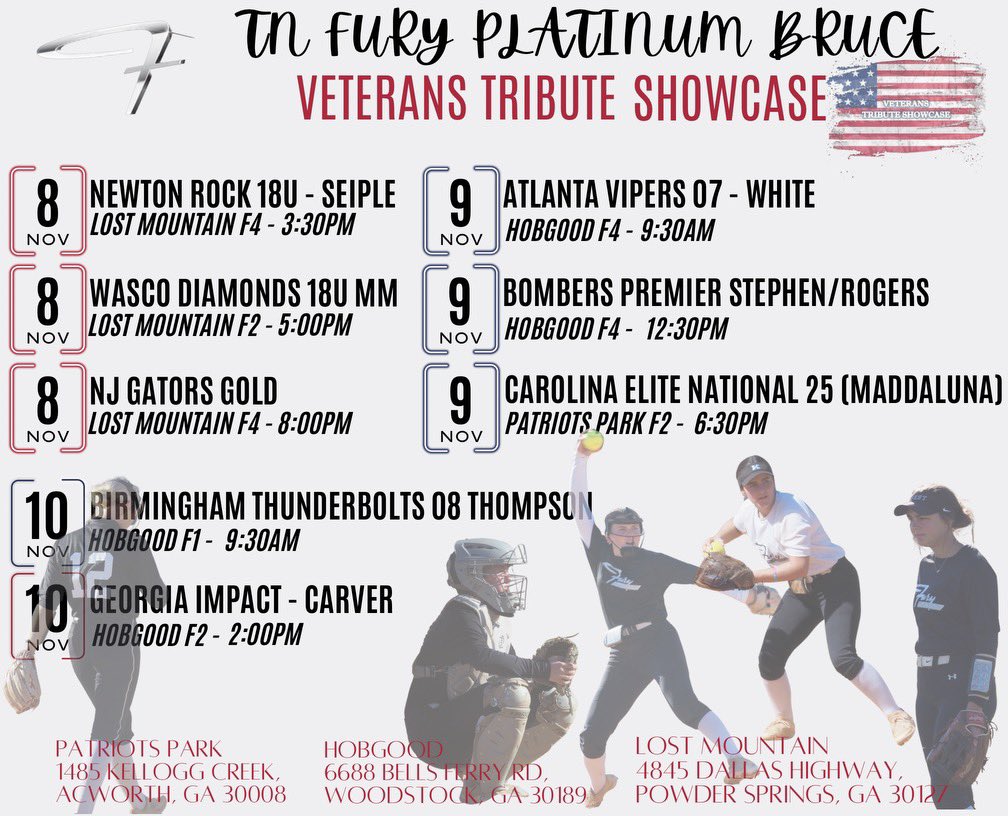 Reese Law (@reeselaw55) on Twitter photo Excited to show out at the last tournament this fall seasonat the Veterans Tribute Showcase!
<a href="/DaynaCarter5/">Dayna Carter</a> @laurenirwinJU <a href="/coachmass2214/">coachmass</a> <a href="/BCLionsSoftball/">Bryan College Softball</a> <a href="/marty_mac17/">Marty McDaniel</a> <a href="/JURoyalsSB/">Johnson University Softball</a> <a href="/furyplat_bruce/">TN Fury Platinum Bruce</a> <a href="/Nate_BCSoftball/">Nathan Thompson</a> Excited to show out at the last tournament this fall seasonat the Veterans Tribute Showcase!
<a href="/DaynaCarter5/">Dayna Carter</a> @laurenirwinJU <a href="/coachmass2214/">coachmass</a> <a href="/BCLionsSoftball/">Bryan College Softball</a> <a href="/marty_mac17/">Marty McDaniel</a> <a href="/JURoyalsSB/">Johnson University Softball</a> <a href="/furyplat_bruce/">TN Fury Platinum Bruce</a> <a href="/Nate_BCSoftball/">Nathan Thompson</a>