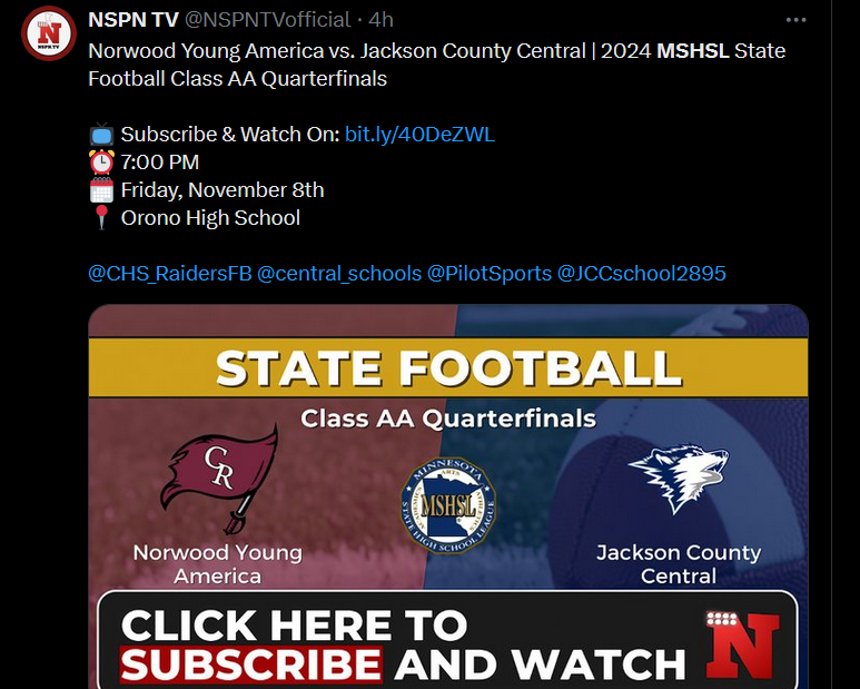 Beware:  These are scam sites!  They look very real.  Our official partner is <a href="/NSPNminnesota/">NSPN - Minnesota</a> 
Go directly to nspn.tv/mshsl   Do not click on links on social media etc.