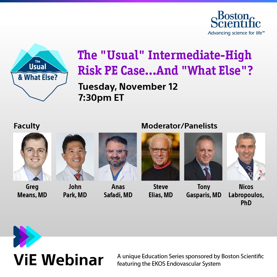 bsc_vascular's tweet image. 🗓️Join us next week to discuss The "Usual" Intermediate-High Risk PE Case…And "What Else”
- The Usual: Standard PE case
- What Else: Case with PFO present
- What Else: Case with very short duration, low dose lytic protocol
Register Today: qrco.de/ViEWebinar
