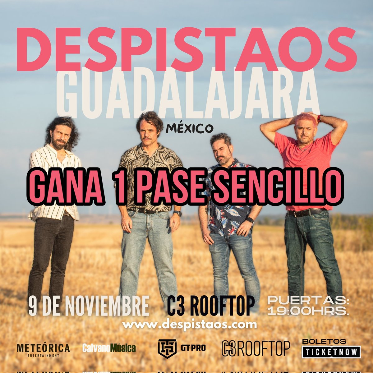 ludikagdl's tweet photo. ⚠️ GANA 1 PASE SENCILLO ⚠️
Los @Despistaos cierran su gira en el #C3Rooftop de Guadalajara 🇲🇽 y puedes ganar un acceso 🎟️
Nuestros 3 primeros seguidores que compartan este post y comenten su nombre completo se llevan su pase
Tienes que seguir también a @C3Mexico y @GTproMX https://t.co/JF4WxxWNr8