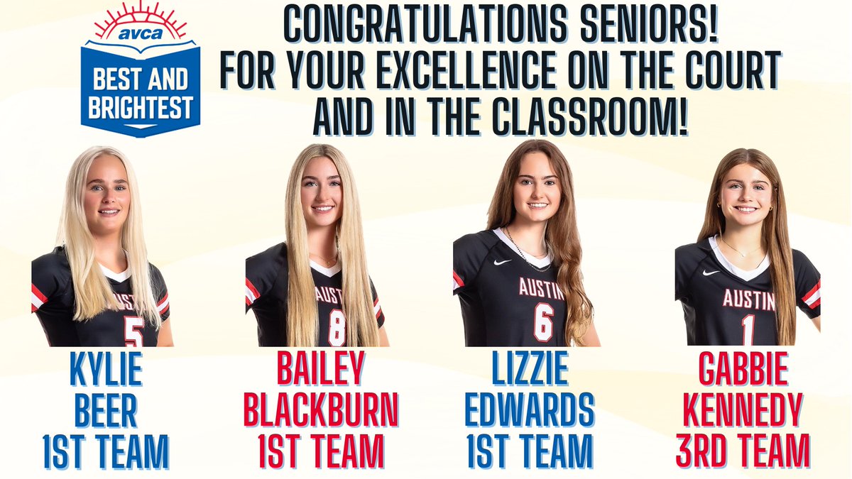 AustinBulldogVB's tweet photo. A little late on the announcement, but we are so excited and PROUD of the following seniors for being honored by @AVCAVolleyball as the BEST AND BRIGHTEST!!! Thank you for setting the best example to all our of #STUDENTathletes at @SFAHS_Bulldogs! #ALLIN https://t.co/yYiBdOZ5ty