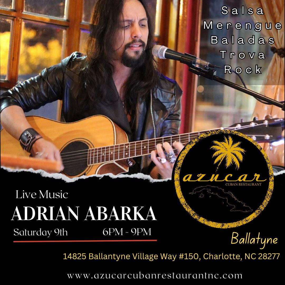 AdrianAbarka's tweet photo. I'm very excited to be playing at the AZÚCAR Cuban Restaurant for the first time!
I'll be playing a good mix of salsa, merengue, ballads, trova, even 70’s, 80’s 90’s 2000’s rock covers
It'll be an awesome to play some original songs for you. 🎤 🎸 

#livemusic #giggingmusician https://t.co/P2ehgmsHr6