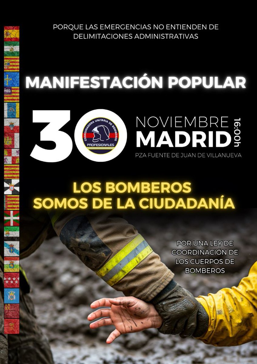 El 30 de Noviembre , a las 16:00 horas, estaremos en Madrid exigiendo la tramitación de la ley de Coordinación.
#BomberosSomosCiudadania
#30Noviembre
#LeyCoordinacionYa