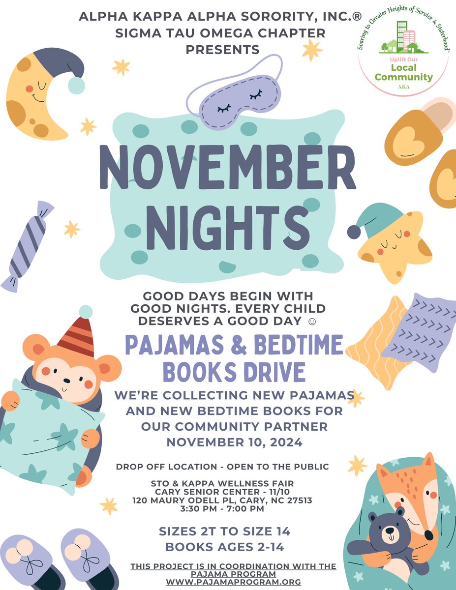 Join the STO AKAs in spreading joy and comfort to children in our community by donating new pajamas and bedtime books. Every child deserves a good day! 
<a href="/MidAtlanticAKA/">MidAtlanticAKA</a>