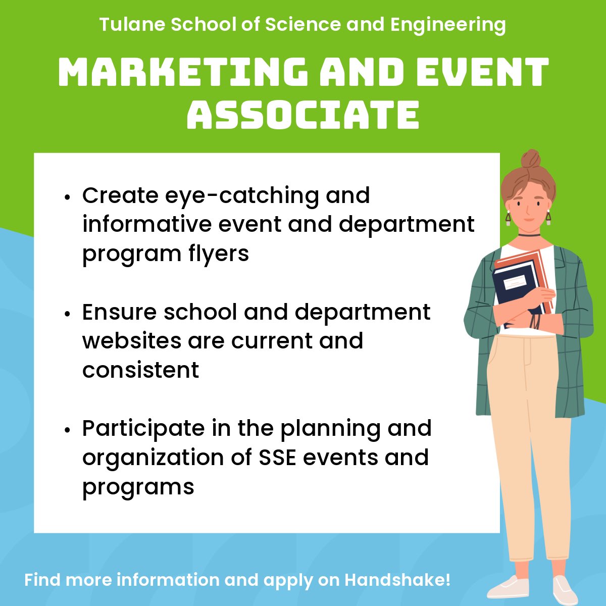 TUStudentJobs's tweet photo. Tulane School of Science and Engineering is hiring a Marketing and Event Associate! Create engaging flyers, maintain current websites, and help plan and organize SSE events. Interested? Find more information and apply on Handshake!
#sehrjobs #studentjobs #tulanejobs https://t.co/sM1ltX4v05