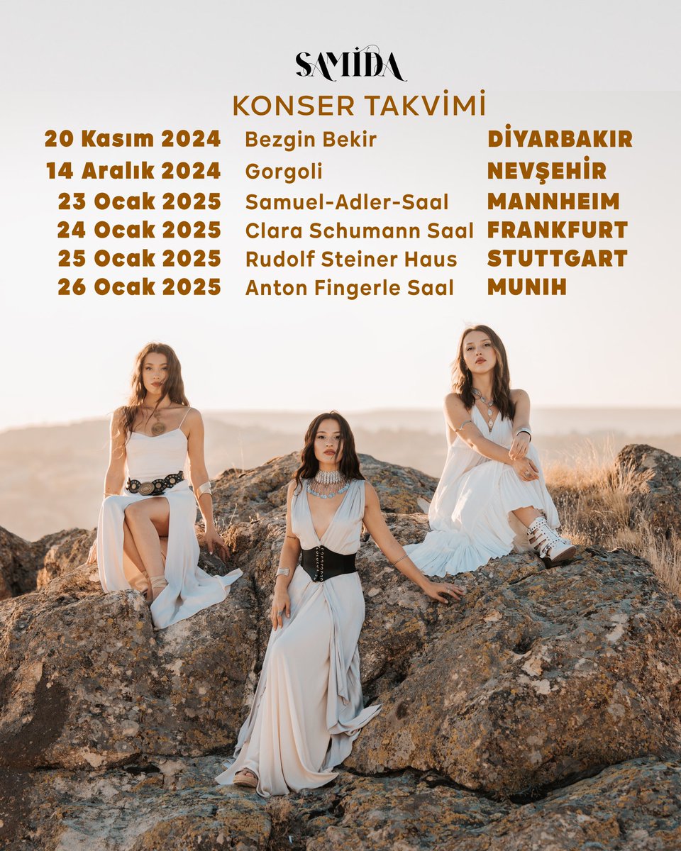 Yaklaşan konserlerimiz ♥️
En güzel şarklarımızı göz göze söylemek ve ruhumuzdaki heyecanı, sizlerle yaratacağımız atmosferi yaşamak için yola çıkıyoruz. 🥰 

#samida #concert #diyarbakir #bezginbekir #kapadokya #nevşehir #gorgoli #mannheim #frankfurt #stuttgart #münih #teather28