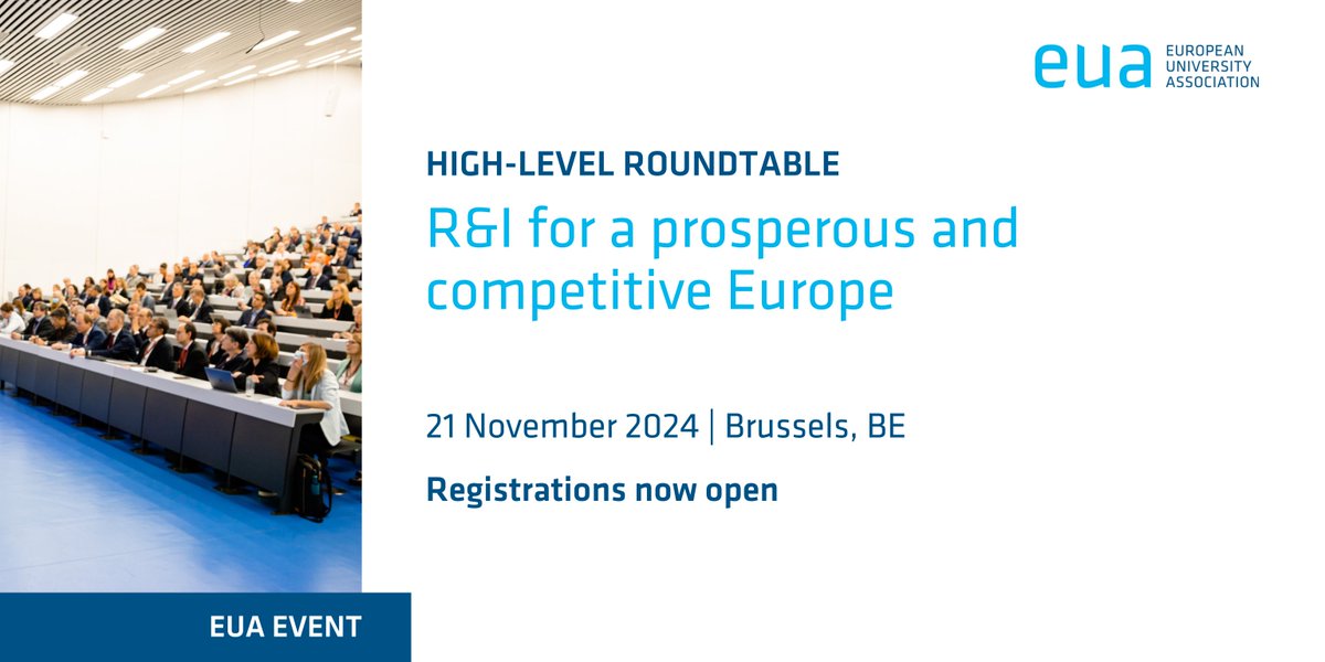 EUA (@euatweets) on Twitter photo 📢 EUA high-level roundtable with university & European institutions representatives to discuss key R&I topics.
🗓️ 21 Nov, 16.00-18.00 CET, followed by networking
📍 <a href="/ScotlandEuropa/">Scotland Europa</a>
Registrations are open for a limited number of participants: bit.ly/4ft77eG 📢 EUA high-level roundtable with university & European institutions representatives to discuss key R&I topics.
🗓️ 21 Nov, 16.00-18.00 CET, followed by networking
📍 <a href="/ScotlandEuropa/">Scotland Europa</a>
Registrations are open for a limited number of participants: bit.ly/4ft77eG