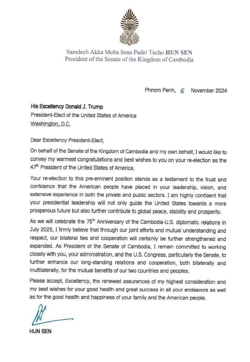 Fmr. PM Hun Sen, ruling CPP &amp; Senate leader sent a congratulatory letter to President-elect Donald J. Trump. But he accused the U.S. of mastermind w/ Hon. Kem Sokha, Cambodia’s opp. leader in plotting to overthrow the gov’t, despite Pres. Trump denied in a 2019 letter to Hun Sen.