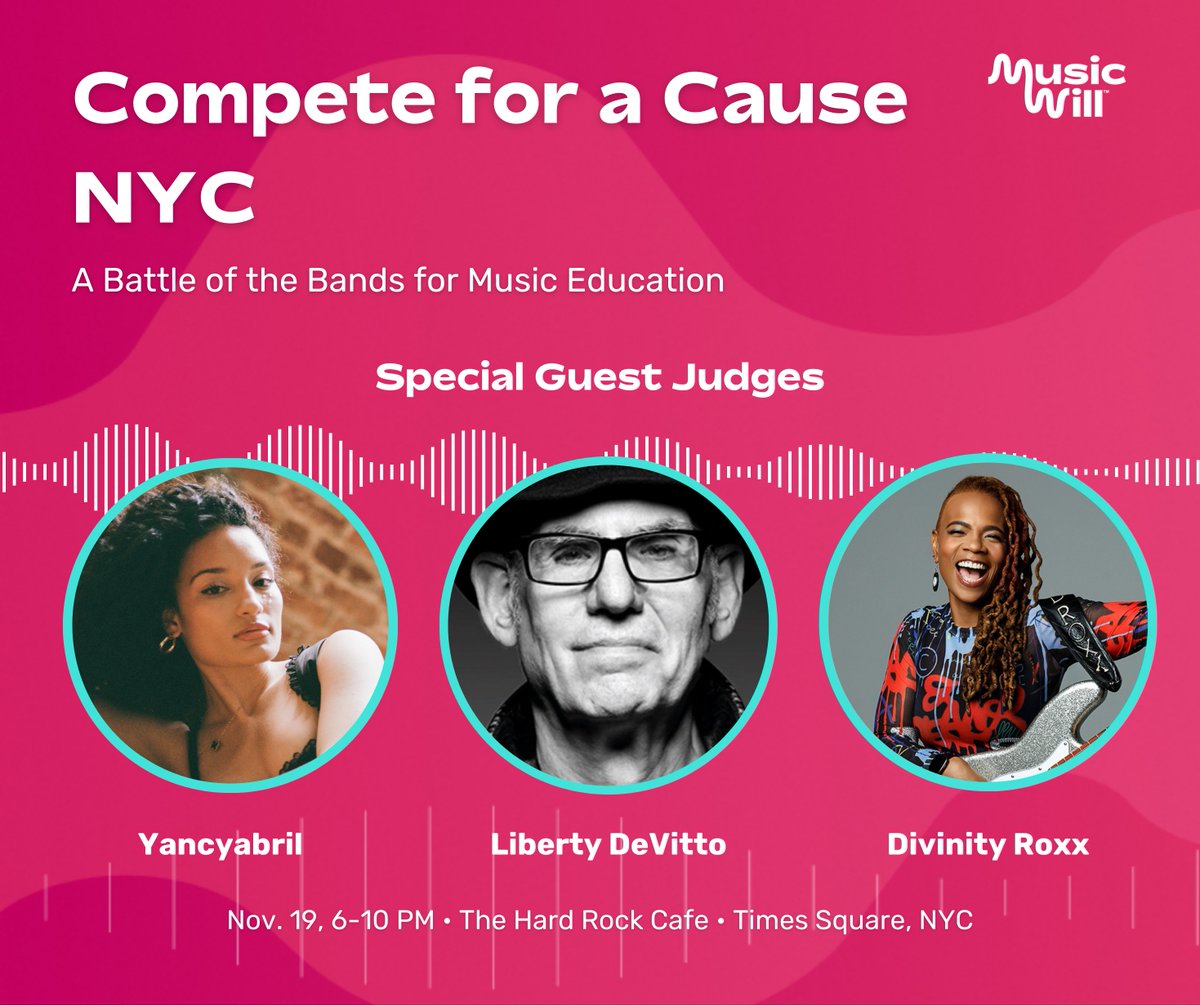 Music Will (@musicwillorg) on Twitter photo Join us at the legendary <a href="/HardRock/">Hard Rock Cafe</a>, Times Square on 11/19, as 3 talented bands compete for a cause, judged by music industry luminaries: <a href="/Yancyabril1/">Yancyabril</a>, <a href="/libertydevitto/">Liberty Devitto</a>, and <a href="/diviroxx/">Divinity Roxx</a>, and give back to music education!
Tickets: musicwill.org/compete-ny Join us at the legendary <a href="/HardRock/">Hard Rock Cafe</a>, Times Square on 11/19, as 3 talented bands compete for a cause, judged by music industry luminaries: <a href="/Yancyabril1/">Yancyabril</a>, <a href="/libertydevitto/">Liberty Devitto</a>, and <a href="/diviroxx/">Divinity Roxx</a>, and give back to music education!
Tickets: musicwill.org/compete-ny