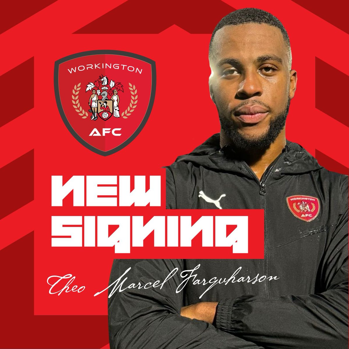 WorkingtonAFC's tweet photo. 𝗪𝗲𝗹𝗰𝗼𝗺𝗲, 𝗧𝗵𝗲𝗼 🫡

We're thrilled to announce the arrival of defender Theo Marcel Farquharson 👏

Theo has been training with the squad recently and is now available for selection in tomorrow's game.

📰 https://t.co/7w3utTDQrR

#RichHistoryBrightFuture #RedsRiseAgain https://t.co/HXNIVwEzqH