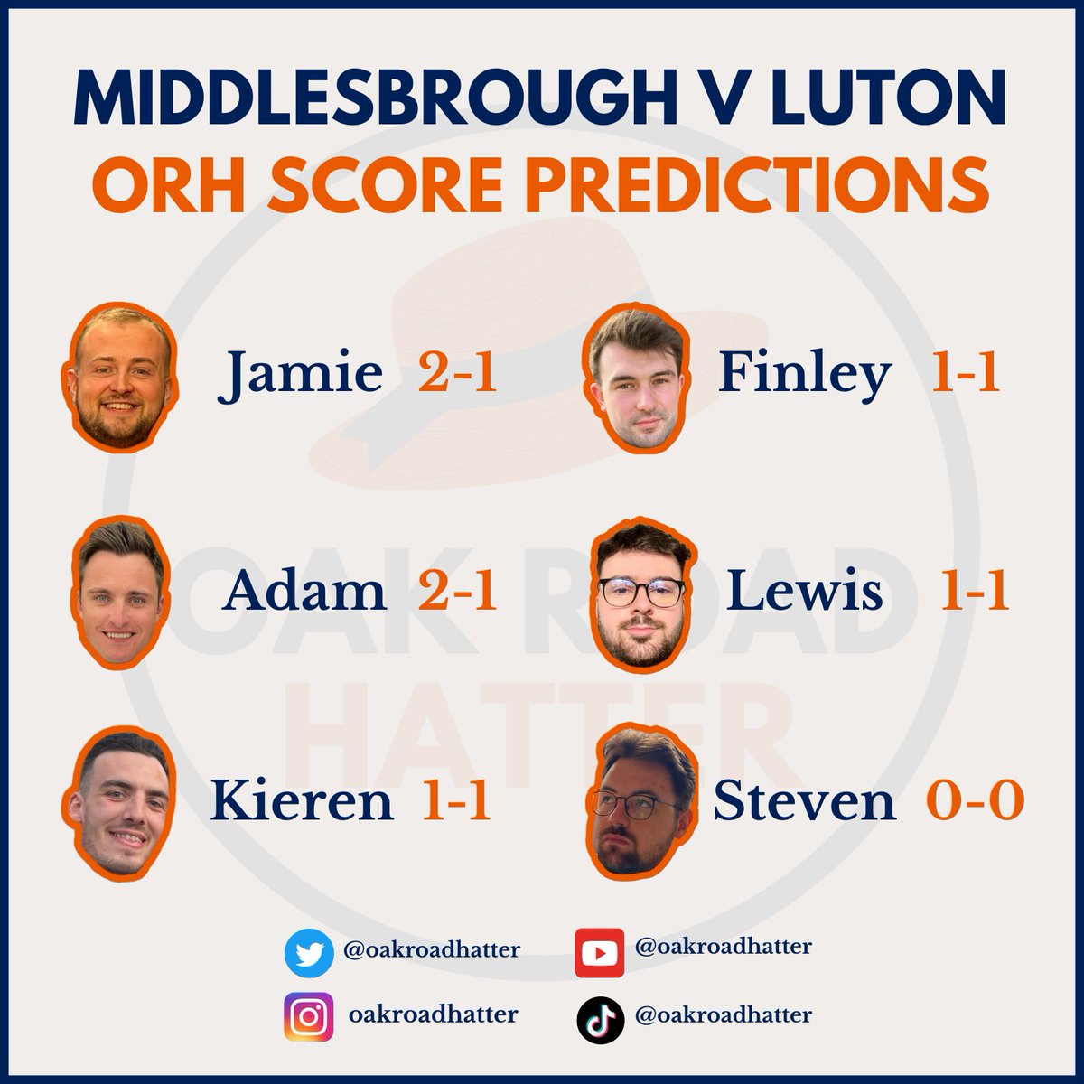 OakRoadHatter's tweet photo. ๐๐ญ Score Predictions
A really tight game is predicted up at the Riverside Stadium today, with four of our contributors going for draws, and the other two predicting narrow defeats.
Let us know your score prediction below โคต๏ธ
#LTFC | #COYH | #MIDLUT | #EFL https://t.co/TutXd7sz4e