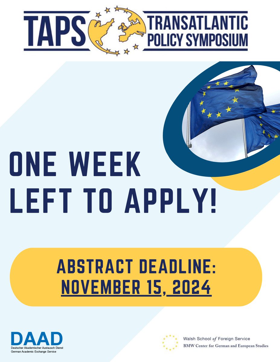 TAPSGeorgetown's tweet photo. Happy Friday!

Today marks one week until the deadline to submit paper abstracts for TAPS 2025. If you would like to present your own research on the theme “New Era, New Europe? Europe’s Bargain in a Changing World”, make sure to submit an abstract  by Friday, November 15, 2024. https://t.co/L4ameV1Ilq