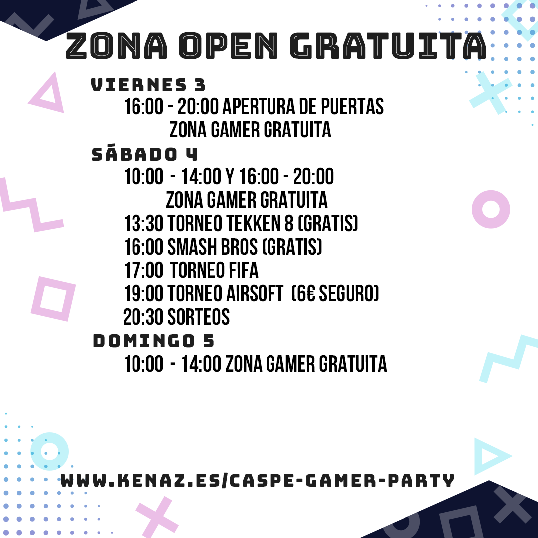 👾 Ya tenemos confirmados todos los horarios para Caspe Gamer Party.

🎟 En la web tenéis la información de todos los torneos y las entradas.

kenaz.es/caspe-gamer-pa…

📣¡Solo faltan 7 dias!

#lanparty #gamer #caspe #aragon