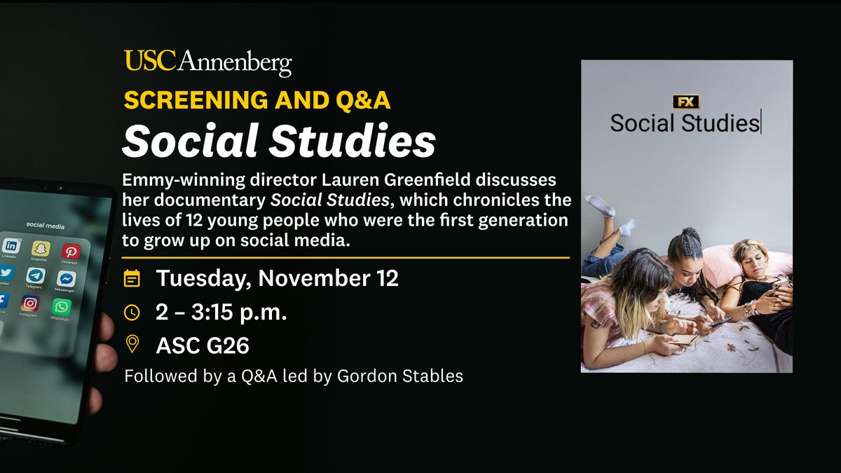 What’s it like growing up on social media? Join Emmy-winning director Lauren Greenfield (<a href="/lgreen66/">Lauren Greenfield</a>) on Tuesday, Nov. 12 at 2 p.m. for a screening of “Social Studies” to find out. Then, ask your questions in a Q&amp;A led by #ASCJ’s Gordon Stables. RSVP: annenberg.usc.edu/events/class-g…