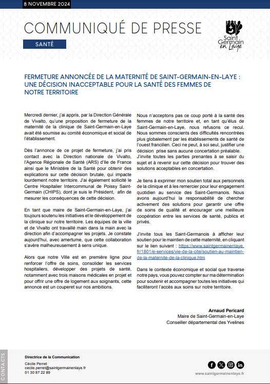 Suite à l'annonce de la fermeture de la maternité de la clinique à <a href="/StGermainLaye/">St-Germain-en-Laye</a>, je vais saisir <a href="/vivaltosante/">Vivalto Santé</a>, l’<a href="/ARS_IDF/">ARS Île-de-France</a> et la Ministre <a href="/Sante_Gouv/">Ministère de la Santé</a> pour ouvrir une concertation sur ce sujet majeur pour la santé du quotidien.

➡️Soutenez la maternité : cutt.ly/reHjzGDK