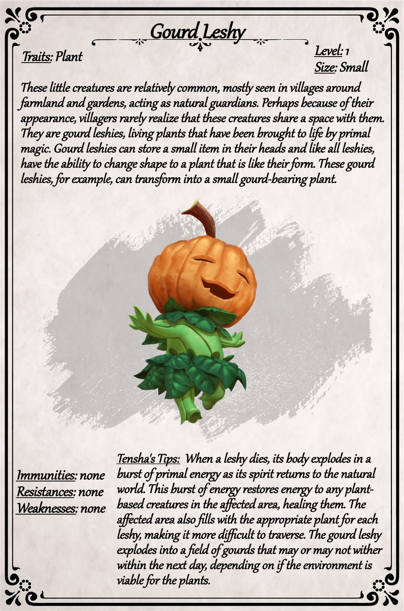 Apologies for being late. Today is something a tad lighter; the gourd leshy. One of the many helpful creatures that live alongside villagers.

#ttrpg #Pathfinder2e #pf2e #pathfinder
