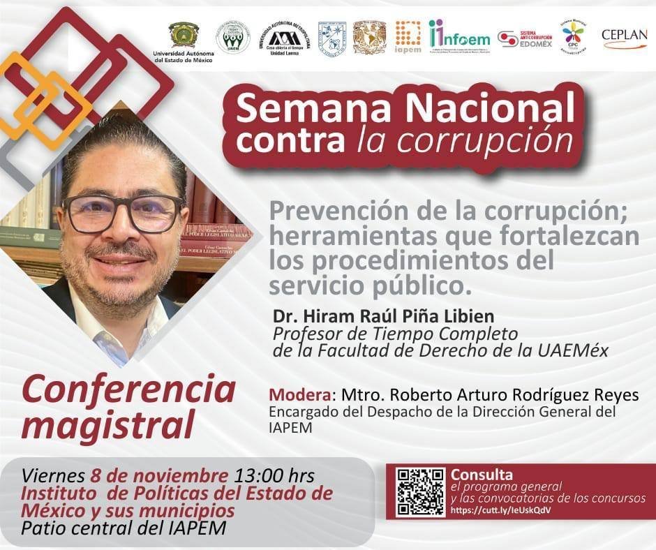 ☝️🤓¡Acompáñanos, es hoy!
Conferencia “Prevención de la corrupción; herramientas que fortalezcan los procedimientos del servicio público”, impartida por el Dr. Hiram Raúl Piña Libien.

🕐13:00 horas
📍Ubicación acortar.link/dgOWtx
👩‍💻👨‍💻Zoom acortar.link/Q5poeF