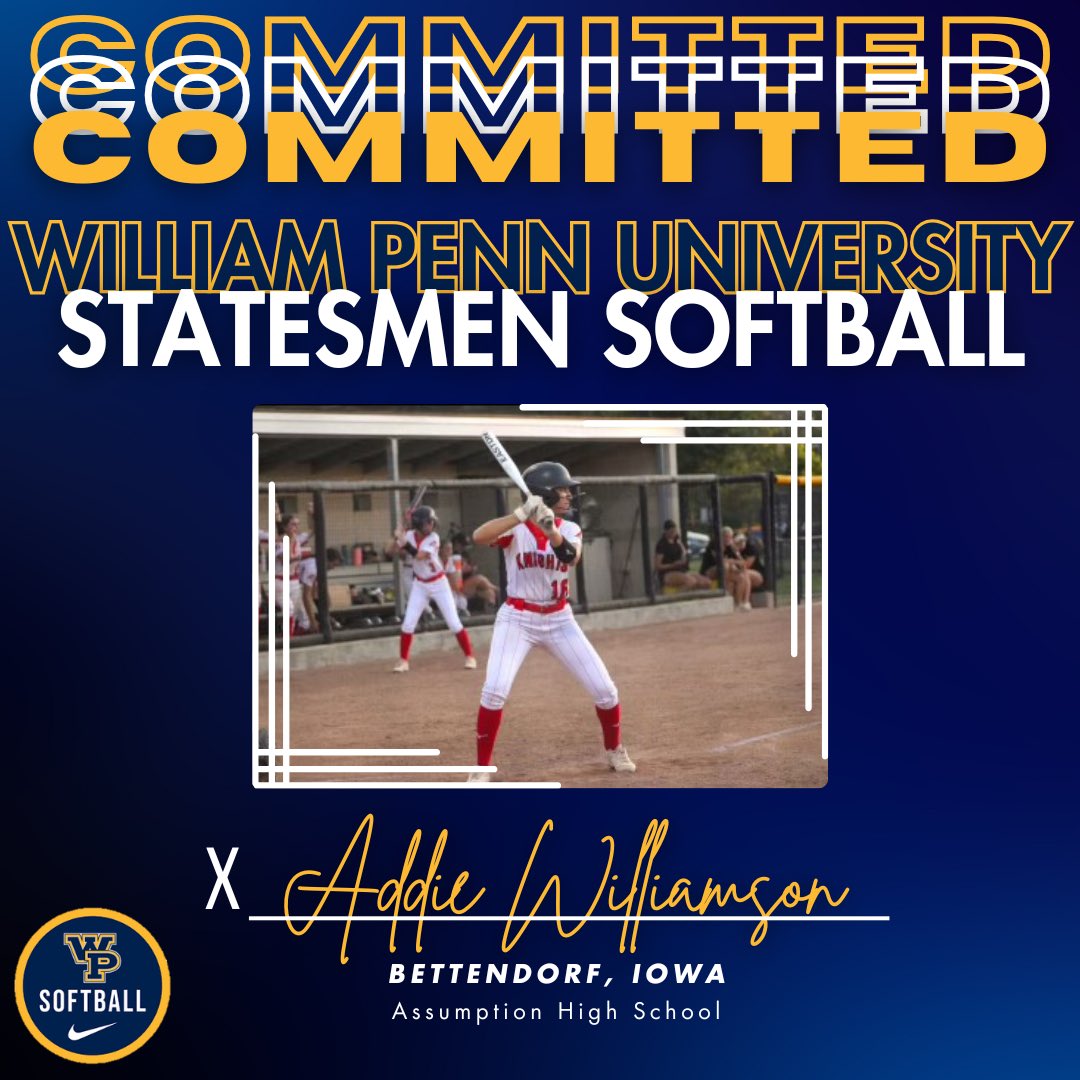 Addie Williamson (@awilliamson_13) on Twitter photo i’m beyond excited to announce my committment to continue my softball and academic career at William Penn University! thank you to my friends, family, and coaches for all their support, and thank you <a href="/CoachLauraNorth/">Laura North</a> for this amazing opportunity! go statesmen!💙💛 <a href="/WPU_Softball/">William Penn University Softball</a> i’m beyond excited to announce my committment to continue my softball and academic career at William Penn University! thank you to my friends, family, and coaches for all their support, and thank you <a href="/CoachLauraNorth/">Laura North</a> for this amazing opportunity! go statesmen!💙💛 <a href="/WPU_Softball/">William Penn University Softball</a>