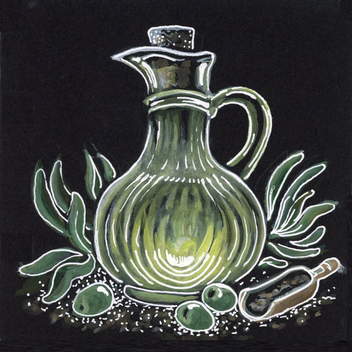 LifeImitatesDdl's tweet image. #DoodlewashNovember2024 prompt: Olive Oil.
Did you know olive oil is a fruit juice?
Paul Ruben’s Floral Watercolor set, white gouache, &amp;amp; white gel pen on Stonehenge Aqua Black.
#paulrubensart #paulrubenswatercolor #WorldWatercolorGroup @legionpaper