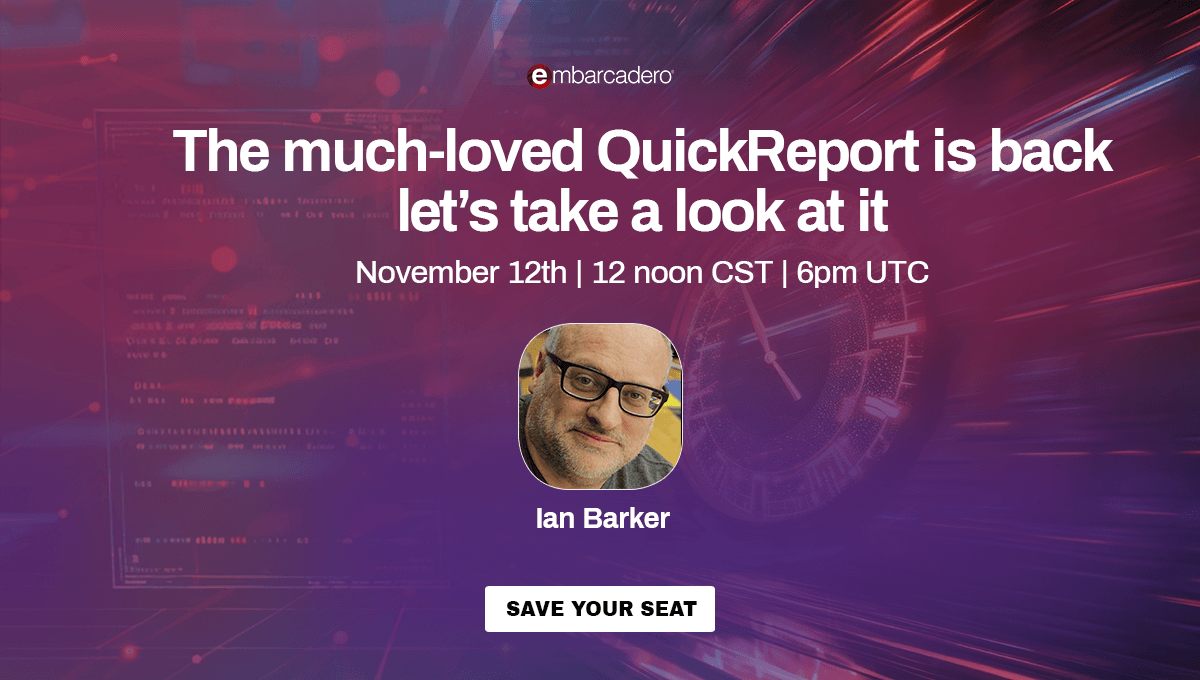 EmbarcaderoTech's tweet photo. QuickReport, the beloved reporting tool for #Delphi & #C++Builder, faced a crisis when the lead developer passed away. Thanks to Barnsten, #QuickReport is back & compatible with the latest #RADStudio!
👉 𝗥𝗲𝗴𝗶𝘀𝘁𝗲𝗿 𝗳𝗼𝗿 𝘁𝗵𝗶𝘀 𝘀𝗲𝘀𝘀𝗶𝗼𝗻: https://t.co/v5f0oxk6bC https://t.co/2RVuN6i6e1