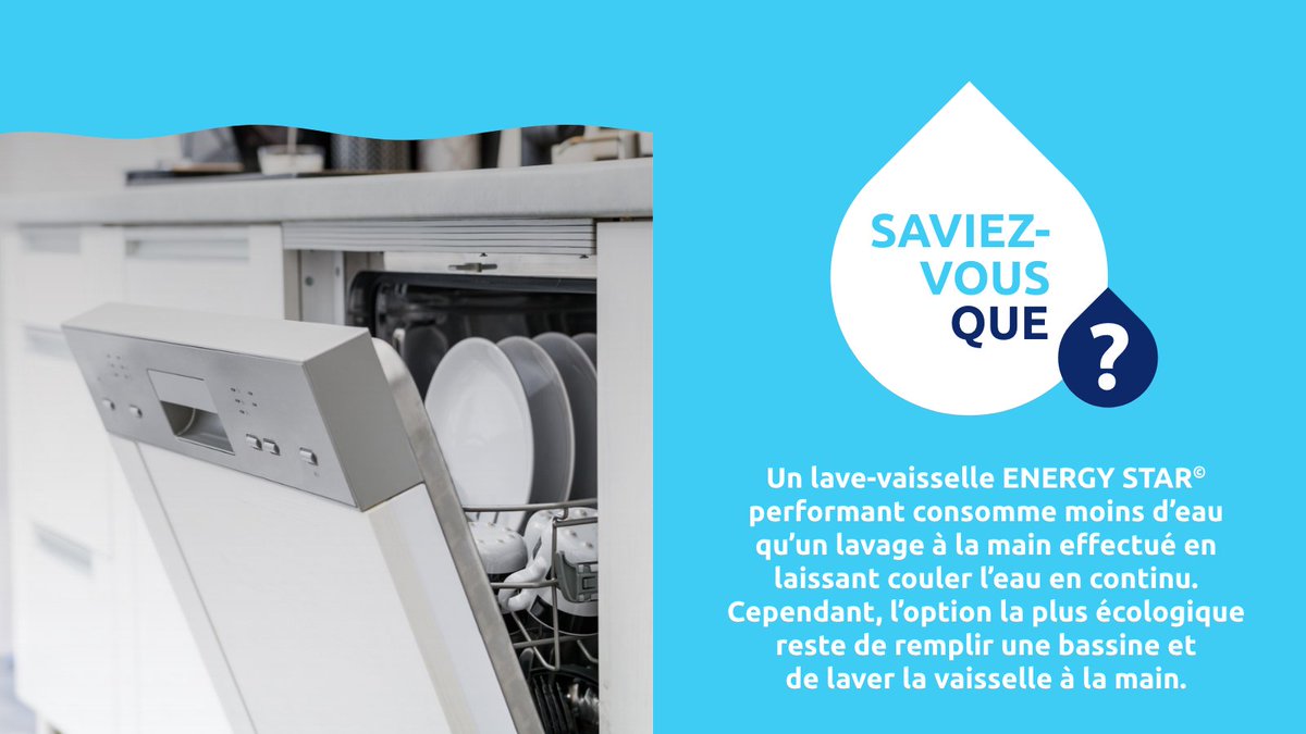 Saviez-vous qu’un lave-vaisselle ENERGY STAR© consomme moins d’eau qu’un lavage à la main avec l’eau qui coule en continu? 🍽️ 💧  #PensezBleu #GouvernementduQuébec #StratQcEau #QcFierPartenaire #MaVieEnBleu