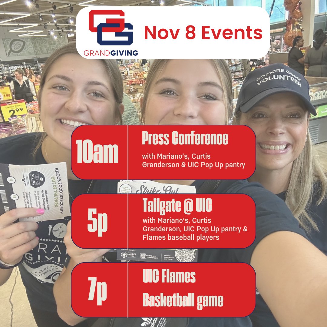CGFNonprofit's tweet photo. Join us all day for Grand Giving events!
Be sure to check our story if you cannot attend.
Donate here: https://t.co/60OkakLrgn
#grandgiving #nonprofit #endhunger #mlb #uicflames #uic #grandyman #tailgate #baseball #softball #basketball #youth @cgrand3 https://t.co/hCHaIX3ABj