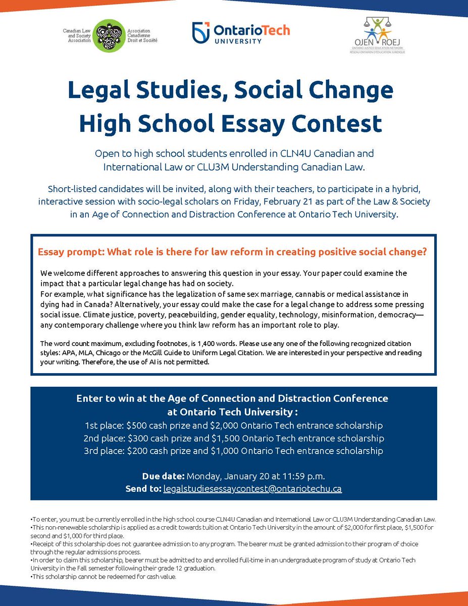 ACDS/CLSA (@acds_clsa) on Twitter photo 📢Attn high school law students & teachers: please see details on this high school essay contest supported by the CLSA, <a href="/OJEN_ROEJ/">OJEN / ROEJ</a> & <a href="/ontariotech_u/">Ontario Tech University</a>! Submissions are due Monday, 20 January 2025!
Please share widely! 📢Attn high school law students & teachers: please see details on this high school essay contest supported by the CLSA, <a href="/OJEN_ROEJ/">OJEN / ROEJ</a> & <a href="/ontariotech_u/">Ontario Tech University</a>! Submissions are due Monday, 20 January 2025!
Please share widely!
