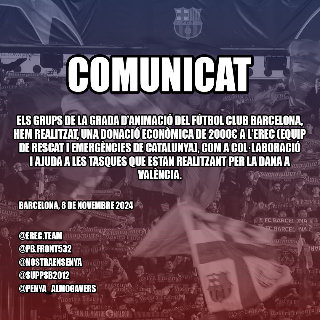 Volem agrair als grups d'animació del <a href="/FCBarcelona_cat/">FC Barcelona</a>, <a href="/PenyaAlmogavers/">Penya Almogàvers</a>, <a href="/NOSTRAENSENYA/">PB NOSTRA ENSENYA</a>, <a href="/FRONT532oficial/">P.B.FRONT532</a> i Supporters Barça la donació econòmica que han fet a la nostra entitat per sufragar les despeses per desplaçar-nos a València. Moltes gràcies!