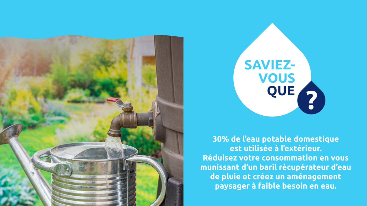 Saviez-vous que 30% de l’eau potable domestique est utilisée à l’extérieur? 🏡🌳💧 #PensezBleu #GouvernementduQuébec #StratQcEau #QcFierPartenaire #MaVieEnBleu