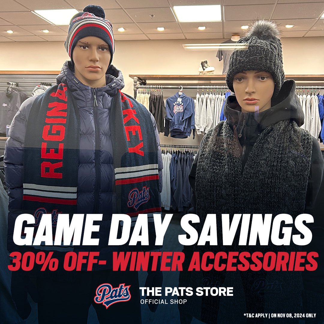 WHLPats's tweet photo. 🚨Game Day Savings! 🚨
Score 30% off winter accessories—today only! Stock up on toques, scarves, and gloves to keep you warm all season long. Don’t miss out! Visit the Pats or shop online at https://t.co/qcivDLm4az
#patsgamedaysavings #reginapatshockey #patsfans #winteraccessories
