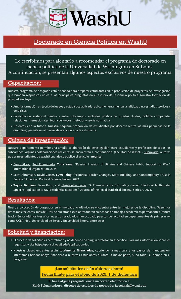 Next Wednesday, Nov 13, at 4PM CST, Professor Guillermo Rosas and Assistant Professors Ted Enamorado and Lucia Motolinia will host an informative session in Spanish about the Political Science PhD program. Register here buff.ly/3YWGnNW to get the zoom link.