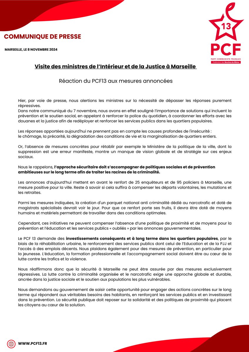 Réaction du <a href="/pcf_13/">PCF 13</a> aux mesures annoncées par les Ministres aujourd’hui à #marseille. 
<a href="/BrunoRetailleau/">Bruno Retailleau</a> <a href="/justice_gouv/">Ministère de la Justice</a>. 

L’approche sécuritaire doit s’accompagner de politiques sociales et de prévention ambitieuse pour traiter les racines de la criminalité! #PCF