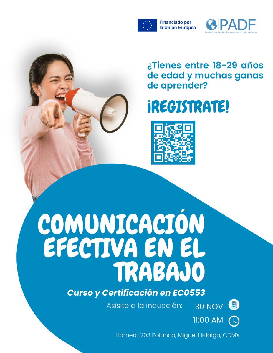 ¿Tienes entre 18 y 29 años y quieres destacar en el trabajo? 
Únete a nuestra inducción para el curso Comunicación Efectiva en el Trabajo y obtén tu certificación en EC0553 sin costo. 
30 de noviembre
11:00 AM
Homero 203, Polanco, Miguel Hidalgo, CDMX
forms.office.com/r/m7Nbk7xXuf