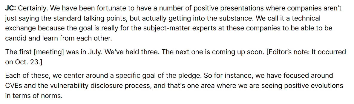 ericgeller's tweet photo. It's the six-month anniversary of @CISAgov's secure-by-design pledge. I talked to @jackhcable about how things are going and what's next: https://t.co/XPVO0yu7m5

New details in here about participant workshops, CISA's plans for tracking progress, and version 2.0 of the pledge. https://t.co/OoYm77Loeh